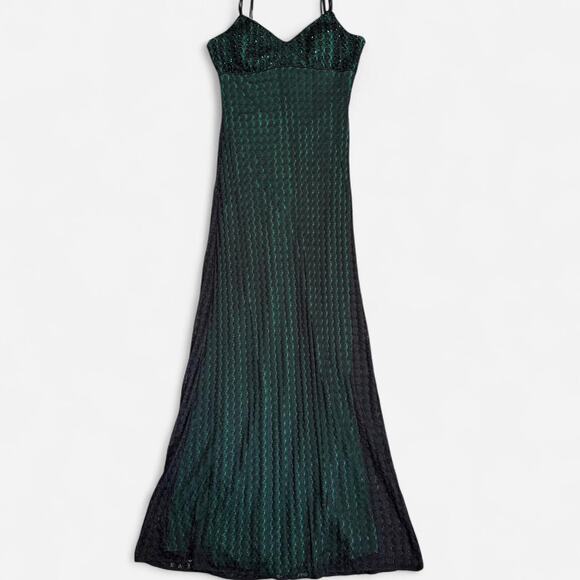 VTG Y2K Cache Dark Green & Black Mesh Crochet Beaded Formal Maxi Dress 2/XS - Picture 5 of 7